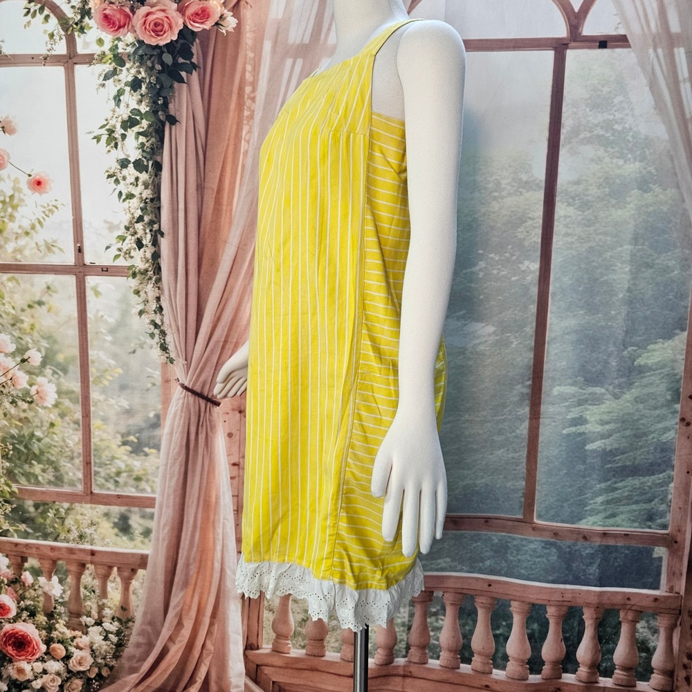 Vintage 1960s Striped Shift Dress Eyelet Lace Hem Sleeveless Square Neck Casual